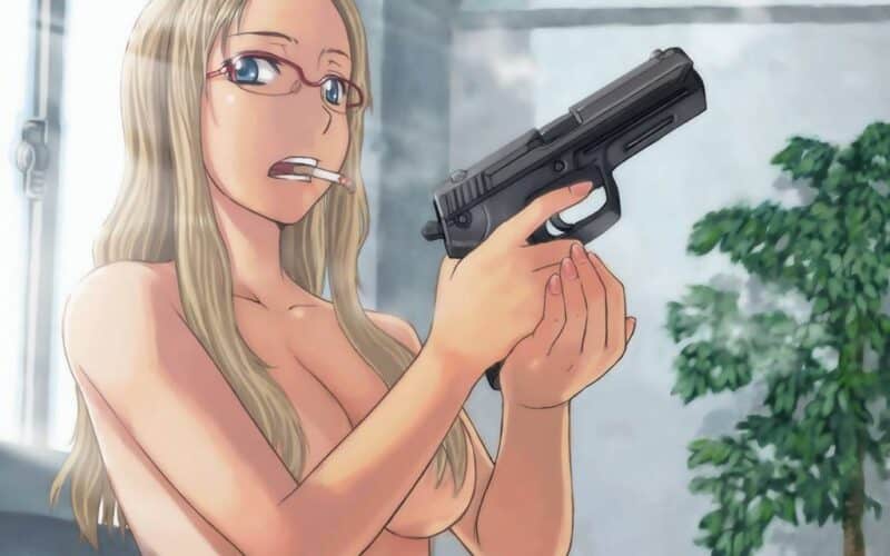 blonde hair anime girl boobs gun wallpaper