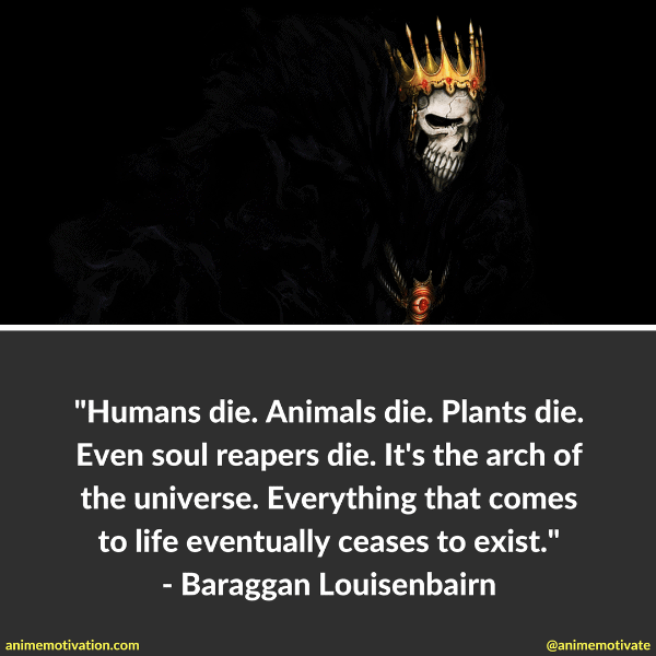 Humans die. Animals die. Plants die. Even soul reapers die. It's the arch of the universe. Everything that comes to life eventually ceases to exist. - Baraggan Louisenbairn