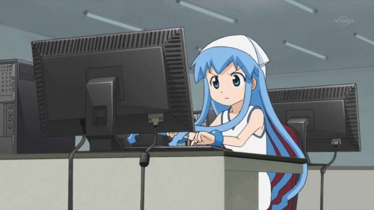 Squid Girl typing on a computer