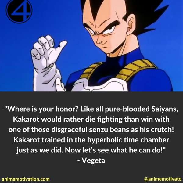 Where is your honor? Like all pure-blooded Saiyans, Kakarot would rather die fighting than win win one of those disgraceful senzu beans as his crutch! Kakarot trained in the hyperbolic time chamber just as we did. Now let's see what he can do!