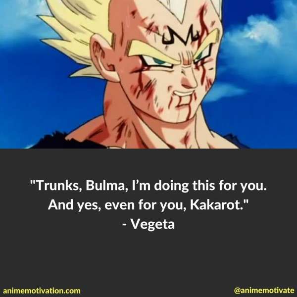Trunks, Bulma, I'm doing this for you. And yes, even for you, Kakarot.