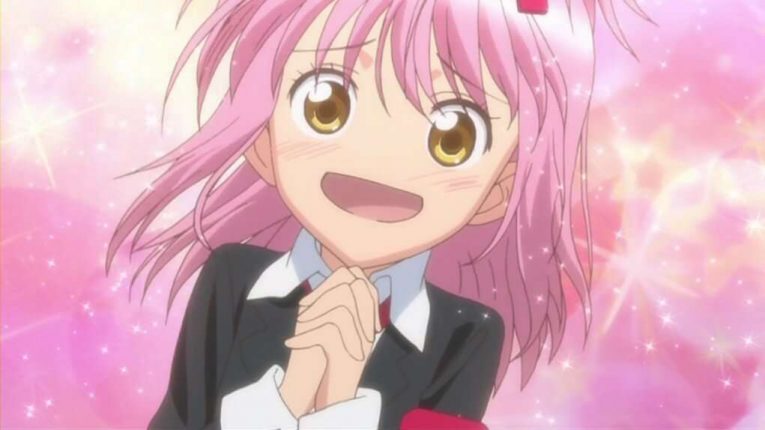 anime pink hair girl happy
