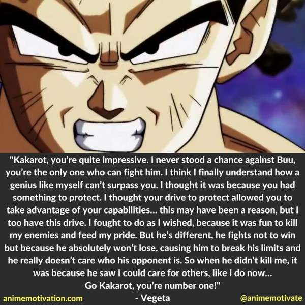 Kakarot, you’re quite impressive. I never stood a chance against Buu, you’re the only one who can fight him. I think I finally understand how a genius like myself can’t surpass you. I thought it was because you had something to protect. I thought your drive to protect allowed you to take advantage of your capabilities… this may have been a reason, but not I too have this drive. I fought to do as I wished, because it was fun to kill my enemies and feed my pride. But he’s different, he fights not to win but because he absolutely won’t lose, causing him to break his limits and he really doesn’t care who his opponent is. So when he didn’t kill me, it was because he saw I could care for others, like I do now… Go Kakarot, you’re number one!