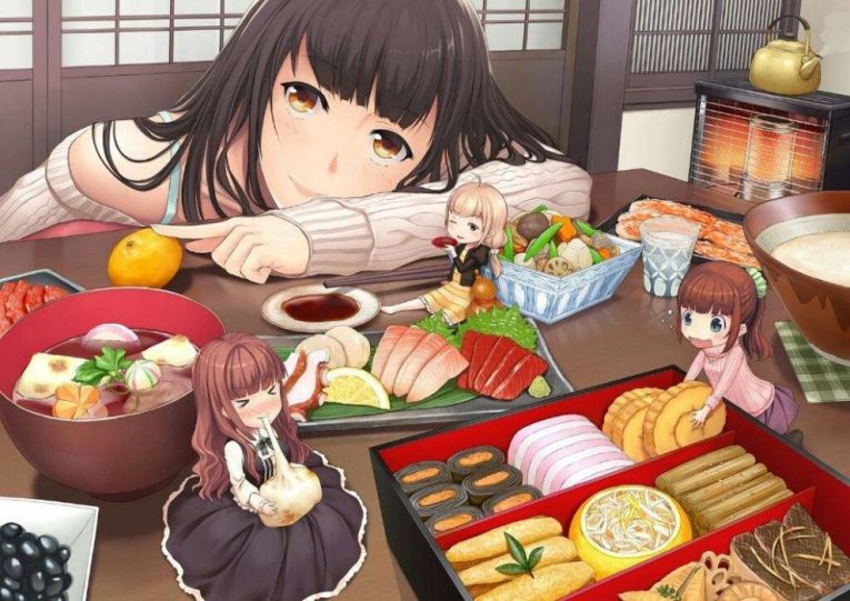 anime girls eating food wallpaper