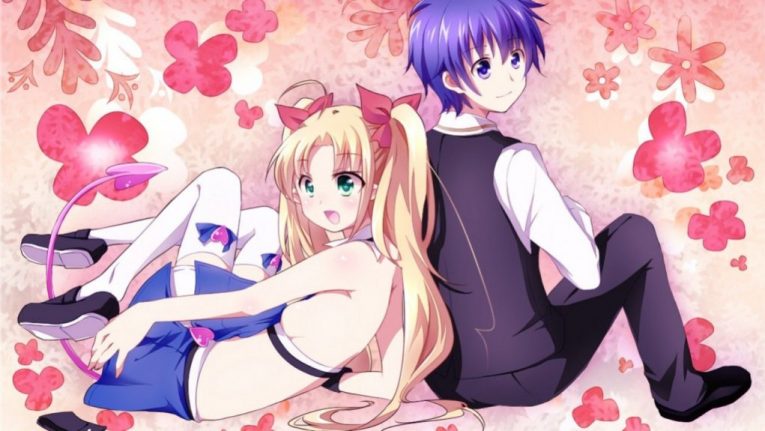 blonde anime girl and purple haired anime boy