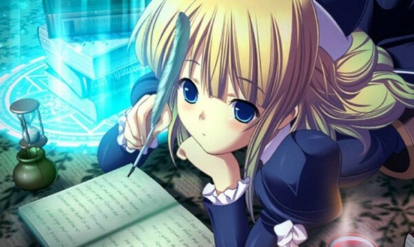 anime girl writing blonde hair