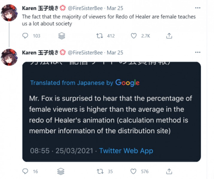 redo of healer tweet more female than male viewers