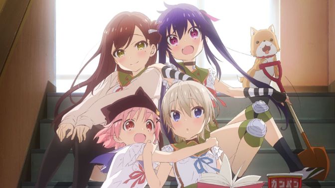 Gakkou Gurashi characters stairs | https://animemotivation.com/anime-that-are-better-dubbed-than-subbed/