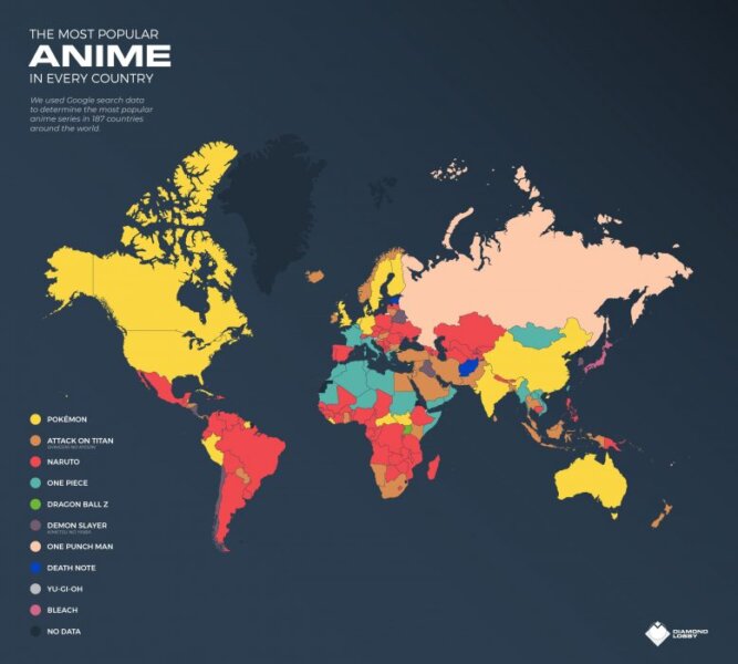 most popular anime in every country maps