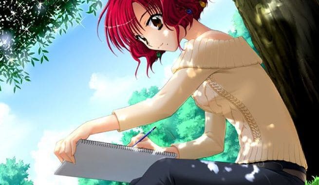 anime girl writing red hair