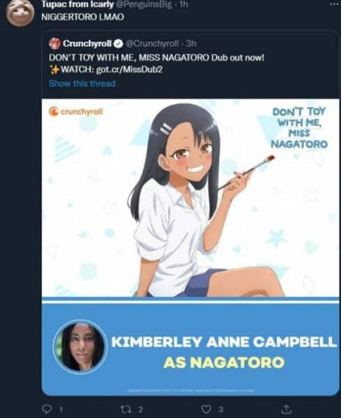 niggerataro racist remarks nagatoro anime voice actress twitter