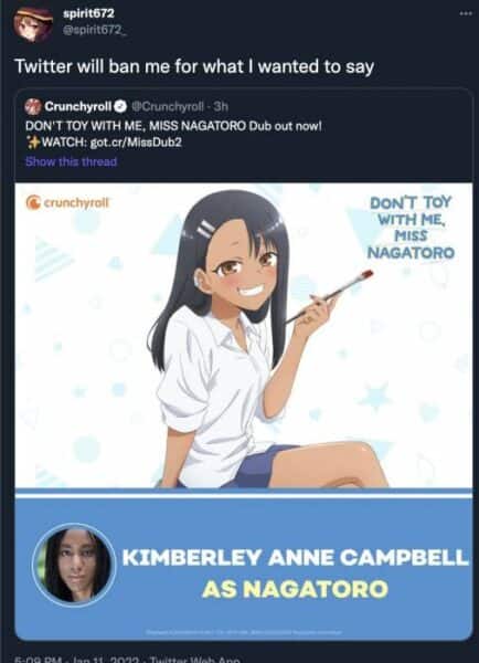 racists twitter nagatoro anime va responses