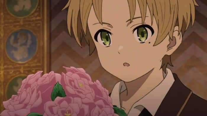 Rudeus Greyrat pink flowers anime screenshot
