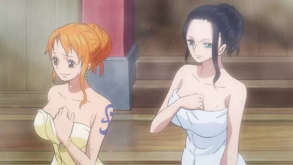 Nami and Nico Robin in towel One Piece 931
