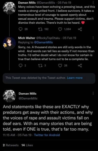 Daman Mills Tweet Vic Mignogna Hypocrisy