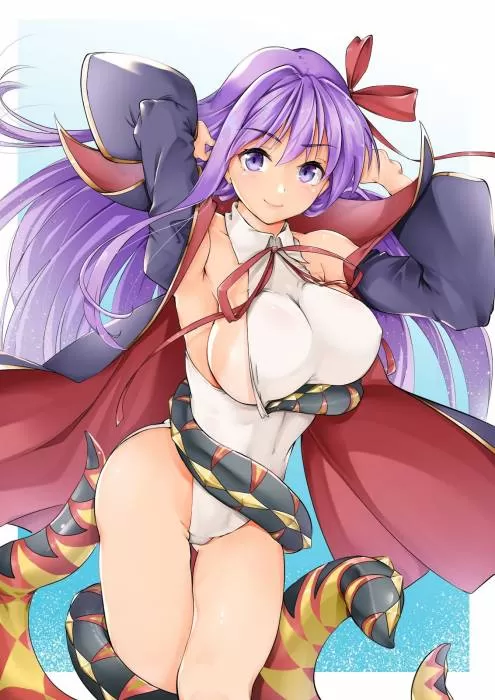 purple haired anime girl boobs red ribbon art