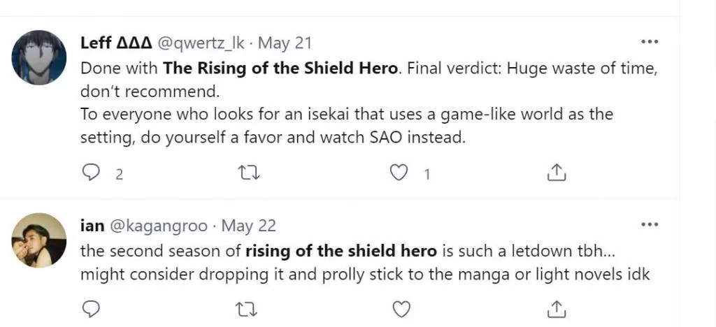 shield hero s2 tweets critics