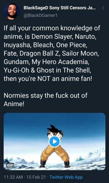 Blacksaged Anime Gatekeeping Tweet