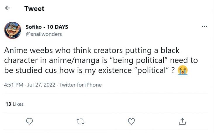 anime haters calling black characters political tweet