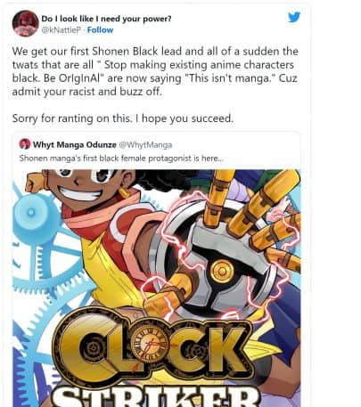 clock striker quote tweet controversy black shounen protagonist