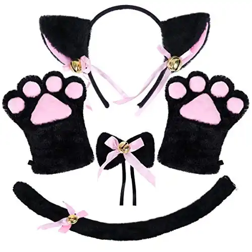 Cat Ears Headband Cat Tail Cat Paw Gloves Bell Choker