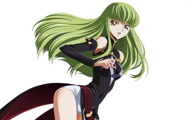 Personagem de anime fofo com cabelo rosa olhando para a câmera