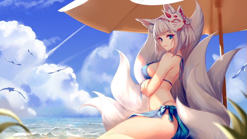 anime fox girl white hair swimsuit beach ocean wallpaper