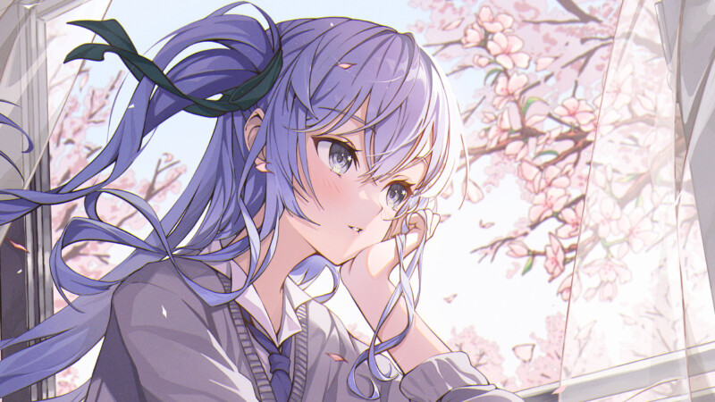 anime thinking wallpaper purple hair girl