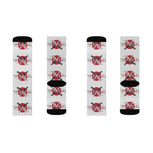 Japanese Katana Swords Design Red Background White Socks