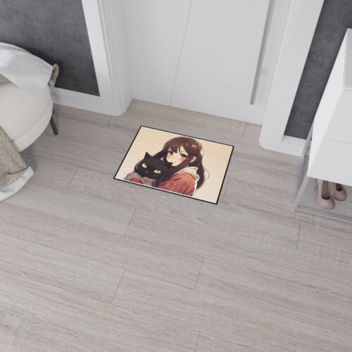 Heavy Duty Floor Mat Cute Anime Girl Black Cat Art Style