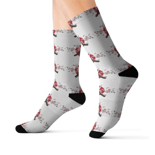 Japanese Katana Swords Design Red Background White Socks