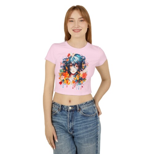 Women's Baby Tee Flowers Anime Girl Art